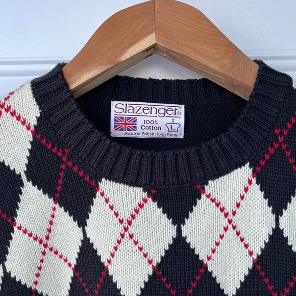 •Slazenger• Men’s Vintage 100% Cotton Argyle Golf Sweater - Size Large - Picture 3 of 6